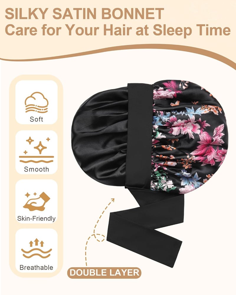 AWAYTR Satin Bonnet for Women Silk Bonnets for Sleeping Curly Hair Bonnet with Elastic Tie Band Reversible Double Layer Sleep Cap Hair Wrap (Rose Red Flowers + Black) - Image 4